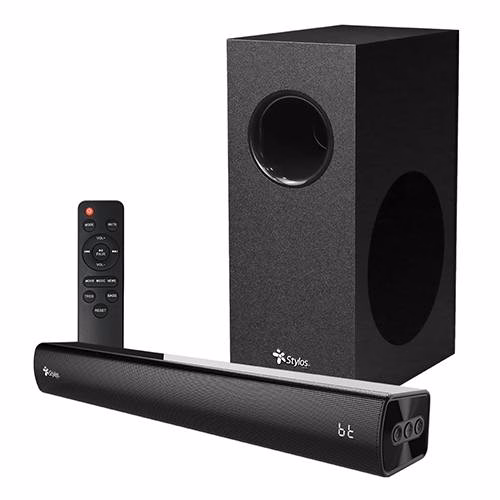 Barra de Sonido 2.1 Stylos STAB210B - conectividad múltiple Bluetooth, HDMI ARC, USB, Entrada AUX 3.5 mm