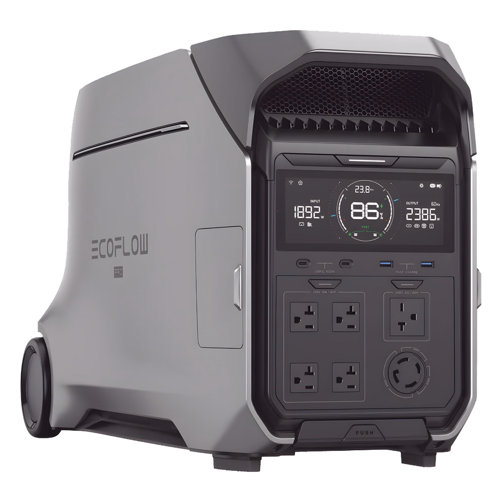 Estación de Energía Portátil DELTA PRO3 / 4096Wh Litio LFP / 5 AC 4000W (8000W Pico) / 2 USB-C 100W / Capacidad para Aumentar Respaldo / Cargador de Coche 10A a 12.6V / Conectividad WiFi y Bluetooth (App) / Carga Solar 2600W Max. (2 P