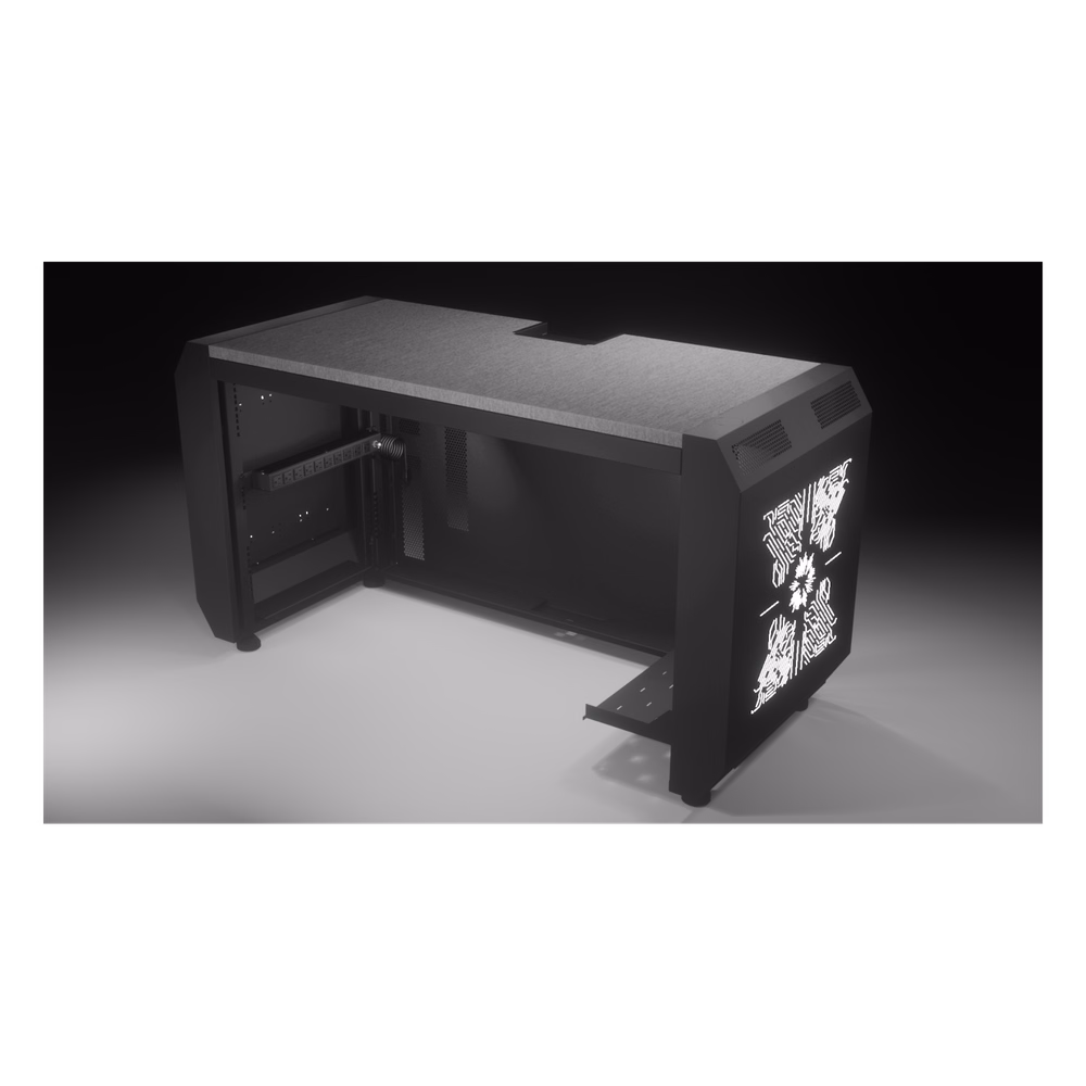 Consola Profesional para Monitoreo o Computo | Ranura para Base de Monitores | Microperforaciones | Luces LED Decorativas | Tomacorriente HTCM1U10C | Tapas Organizadoras de Cables | Niveladores | Rack para Montaje de Equipos | Ranura Pasaca