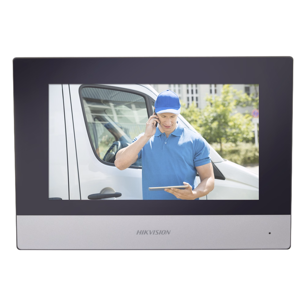 Monitor Hibrido IP WiFi Touch Screen 7" para DS-KIS303P / Vídeo en Vivo / PoE Estándar / Apertura Remota / Llamada Entre Monitores / Audio de dos vías / Policarbonato