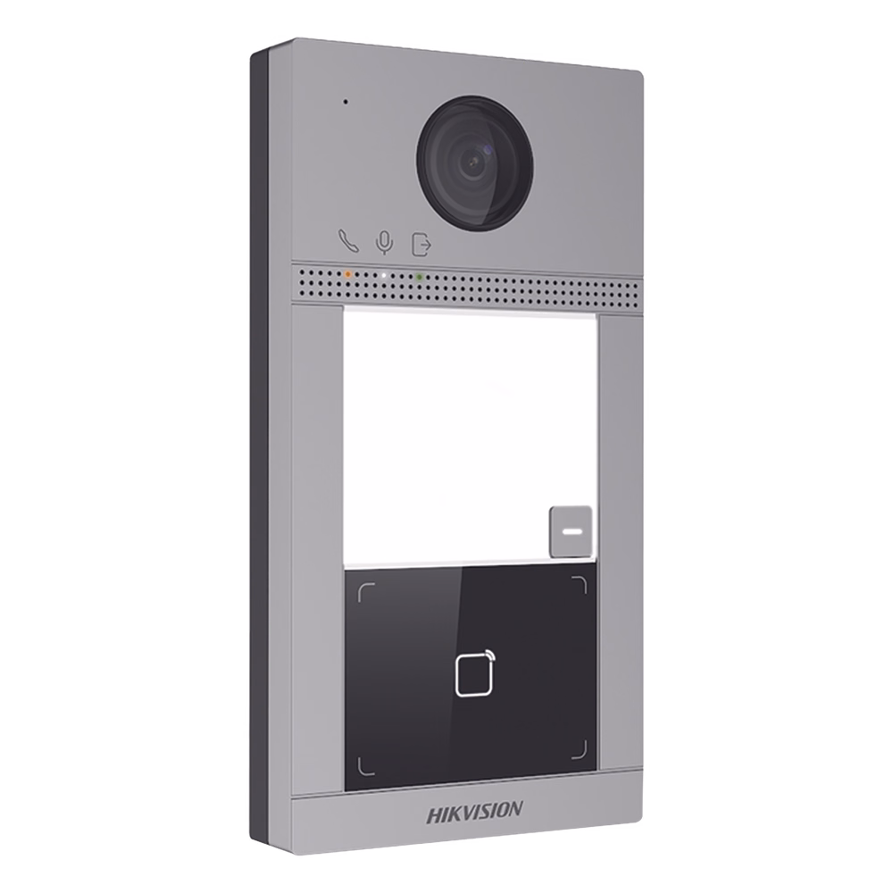 Videoportero IP 2 Megapixel / Llamada y Apertura Remota desde App Hik-Connect / PoE / Exterior IP65 + Antivandalico IK08 / 1 Departamento / Apertura con Tarjeta / Soporta 2 Puertas y hasta 6 Monitores