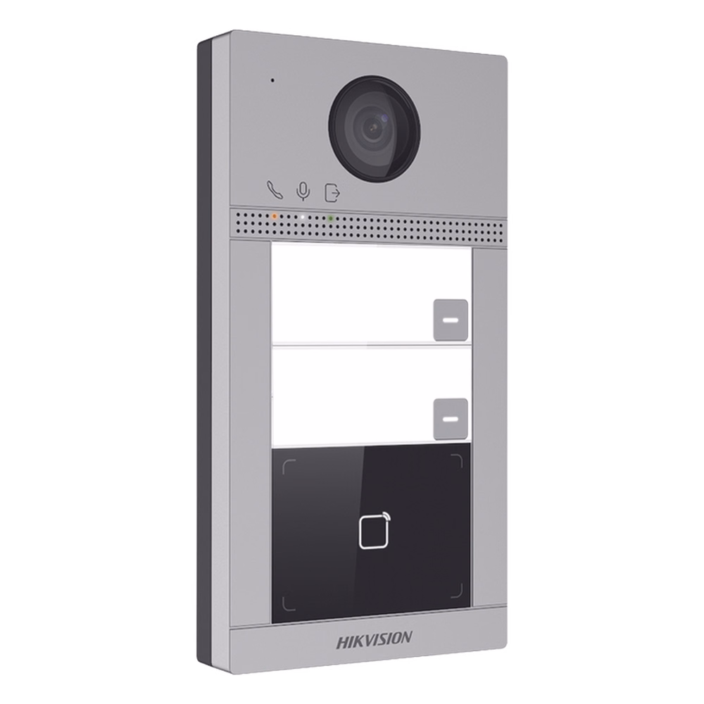 Videoportero IP 2 Megapixel / Llamada y Apertura Remota desde App Hik-Connect (requiere monitor) / PoE / Exterior IP65 + Antivandalico IK08 / 2 Departamentos / Apertura con Tarjeta / Soporta 2 Puertas y hasta 6 Monitores
