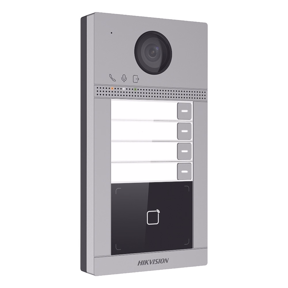 Videoportero IP 2 Megapixel / Llamada y Apertura Remota desde App Hik-Connect (Requiere monitor )/ PoE / Exterior IP65 + Antivandalico IK08 / 4 Departamento / Apertura con Tarjeta / Soporta 2 Puertas y hasta 6 Monitores