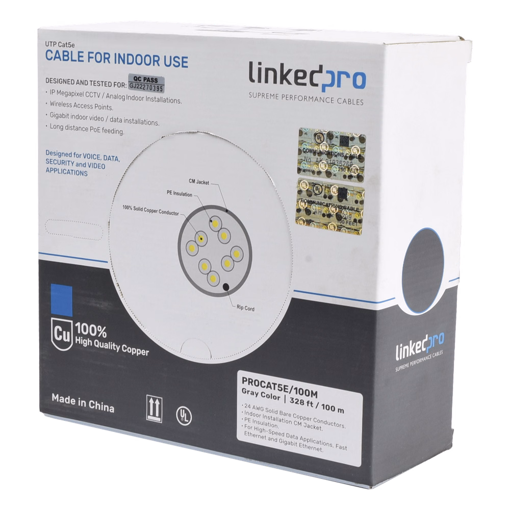 Cable Cat5e de Alto Rendimiento, con Certificaciones ETL, UL, Color Gris, de 100 Metros (328 Pies) para Aplicaciones en CCTV, Redes de Datos. Uso Interior.